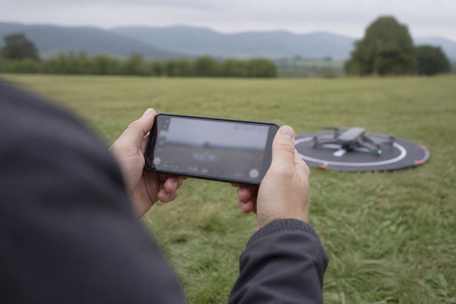 Sahada elinde telefonla uçuş hazırlığı yapan drone pilotu